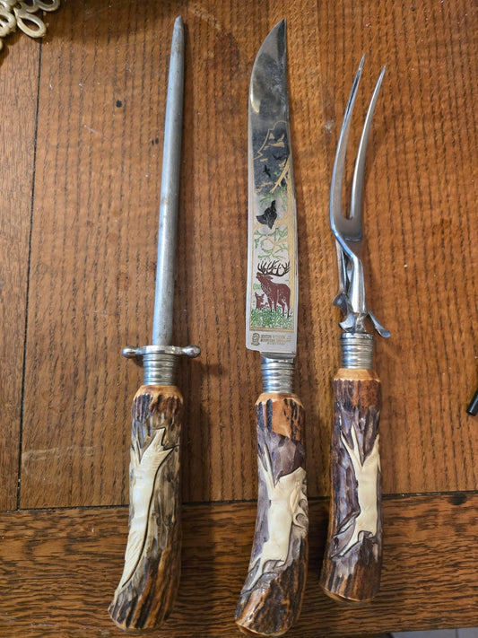 Vintage Anton Wingen Othello Solingen Germany Stag Handle 3pc Carving Set Deer Scene - Bayshore Treasures