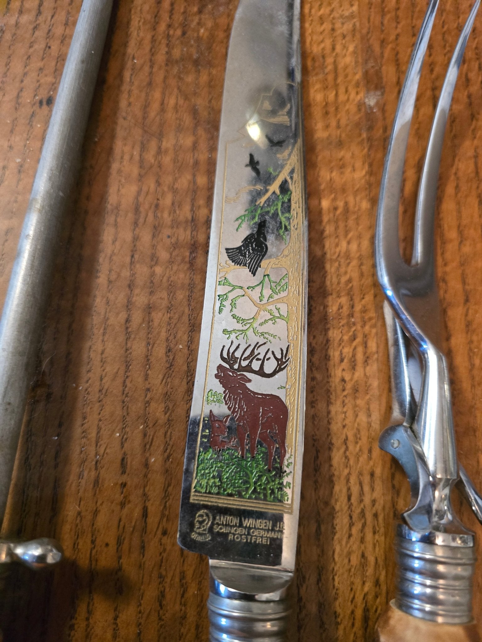 Vintage Anton Wingen Othello Solingen Germany Stag Handle 3pc Carving Set Deer Scene - Bayshore Treasures