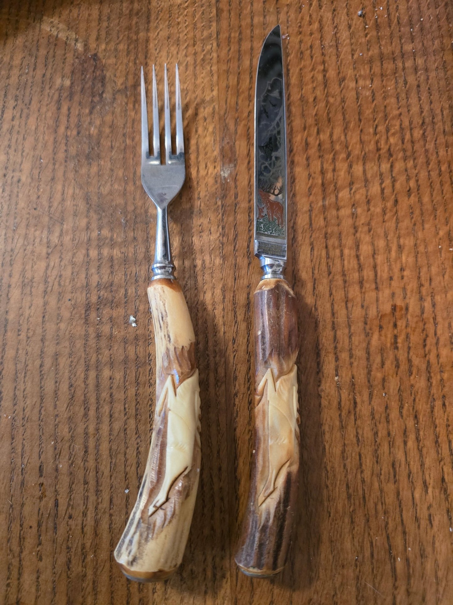 Vintage Anton Wingen Solingen Germany Stag Handle Knife & Fork Set Deer Scene - Bayshore Treasures