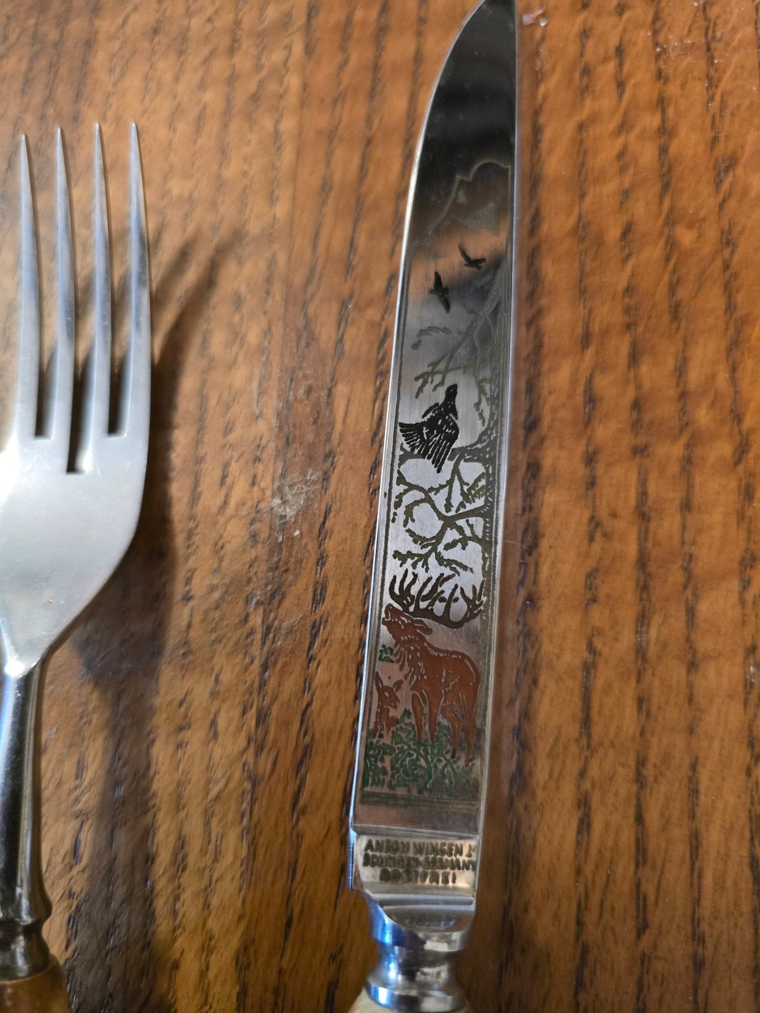 Vintage Anton Wingen Solingen Germany Stag Handle Knife & Fork Set Deer Scene - Bayshore Treasures