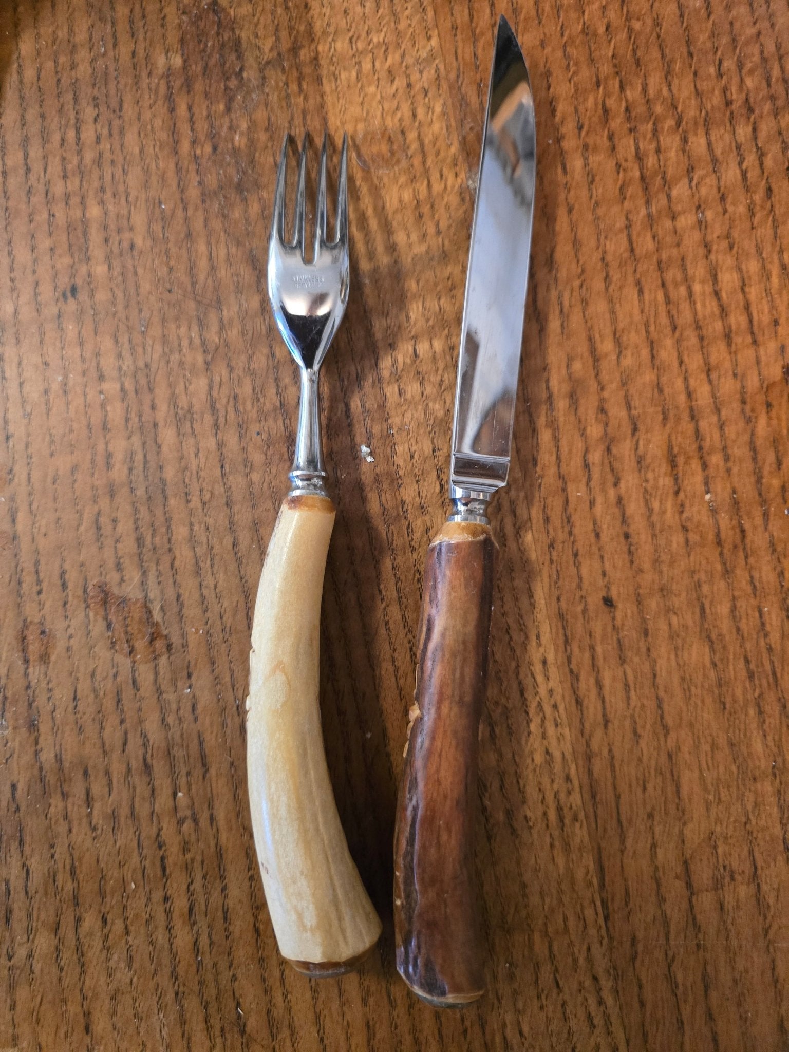 Vintage Anton Wingen Solingen Germany Stag Handle Knife & Fork Set Deer Scene - Bayshore Treasures