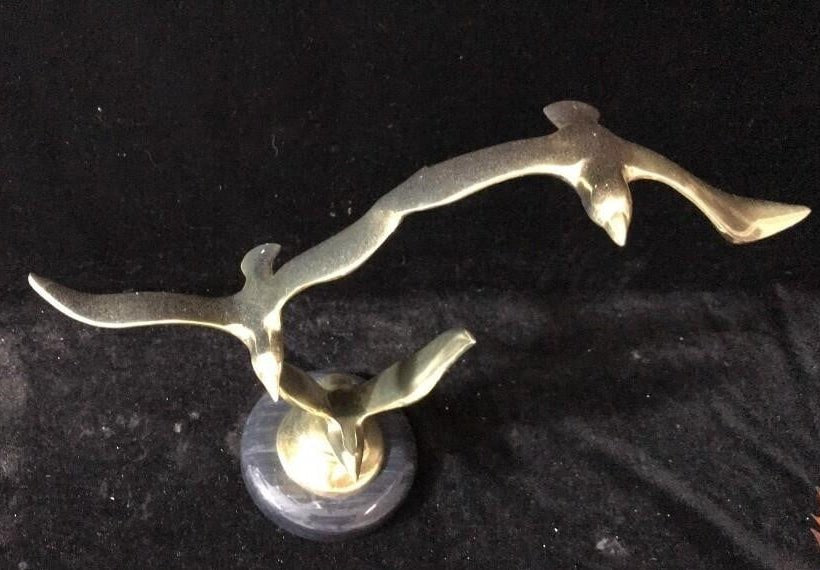 Vintage brass three seagulls statue 10.5 in marble base - Bayshore Treasures