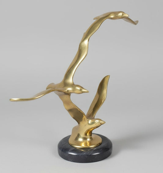 Vintage brass three seagulls statue 10.5 in marble base - Bayshore Treasures