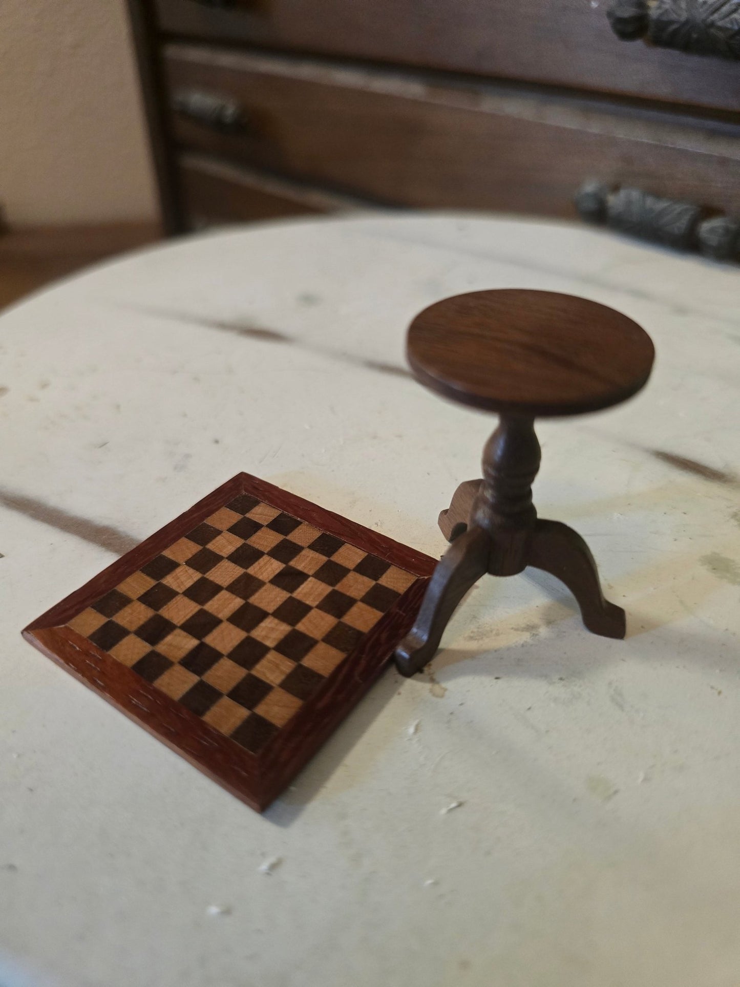 Vintage Dollhouse Inlaid Wood Chess/Checkers Table – Miniature Furniture 1:12 Scale – Pedestal Base - Bayshore Treasures