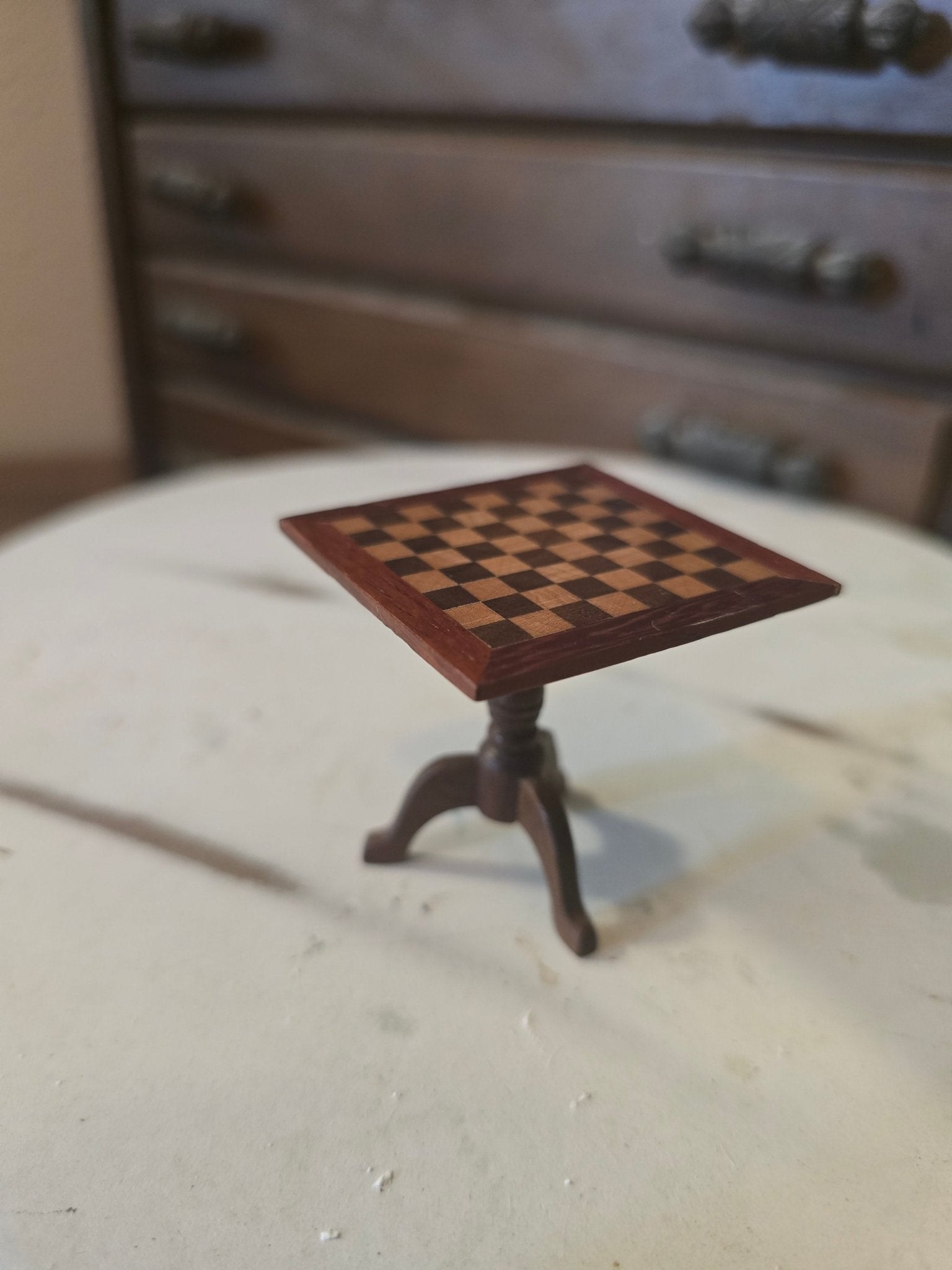 Vintage Dollhouse Inlaid Wood Chess/Checkers Table – Miniature Furniture 1:12 Scale – Pedestal Base - Bayshore Treasures