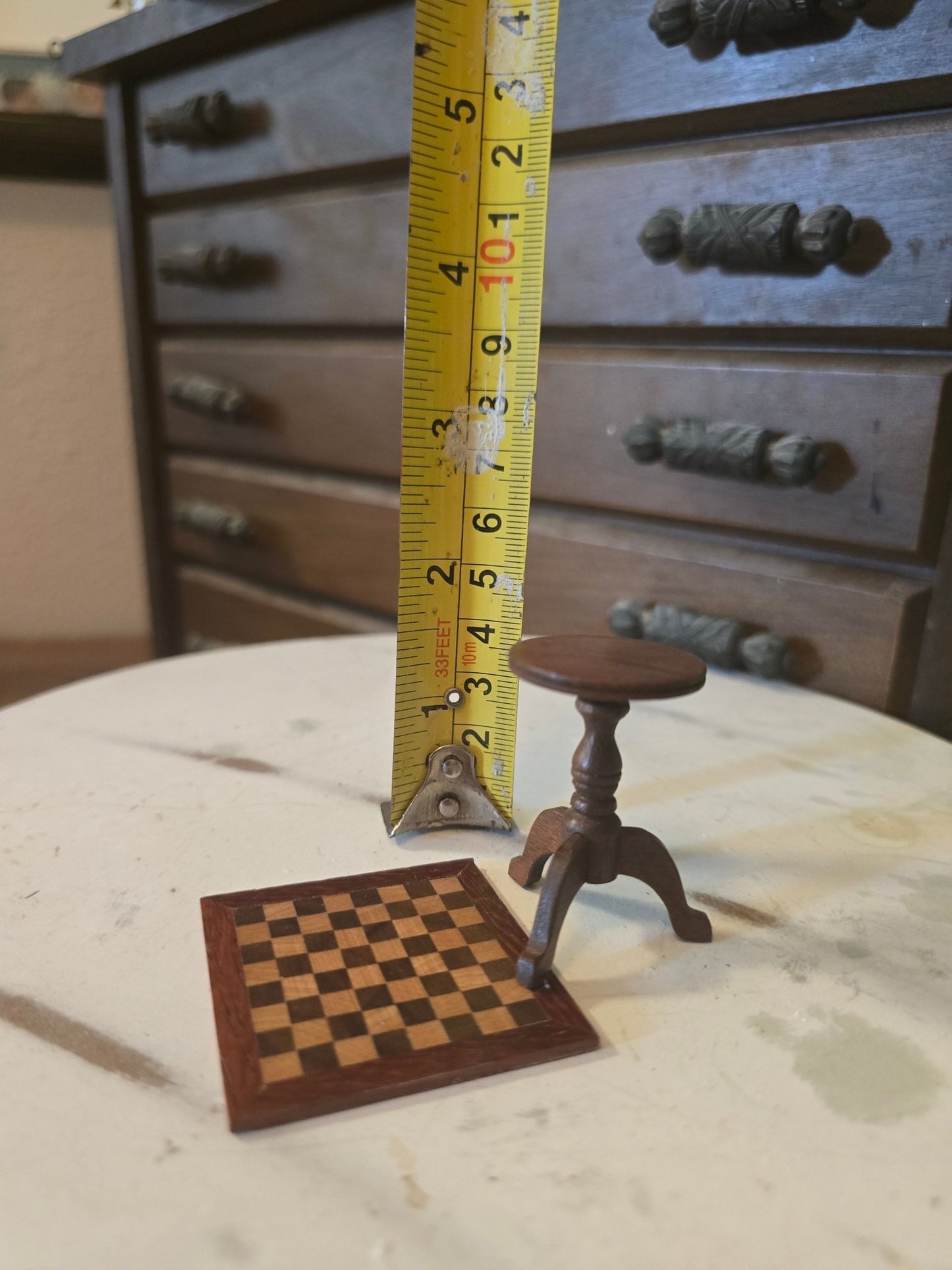 Vintage Dollhouse Inlaid Wood Chess/Checkers Table – Miniature Furniture 1:12 Scale – Pedestal Base - Bayshore Treasures