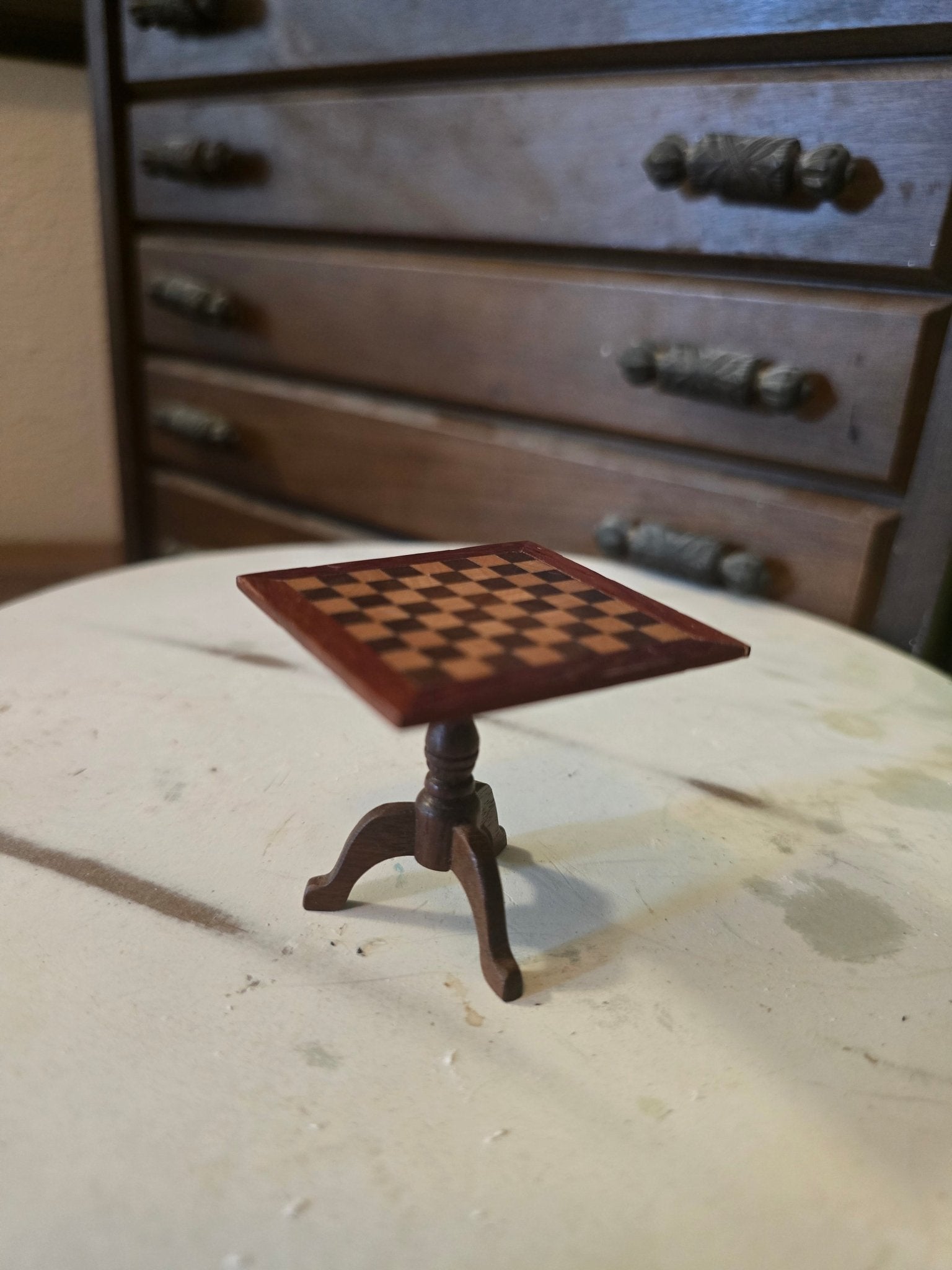 Vintage Dollhouse Inlaid Wood Chess/Checkers Table – Miniature Furniture 1:12 Scale – Pedestal Base - Bayshore Treasures