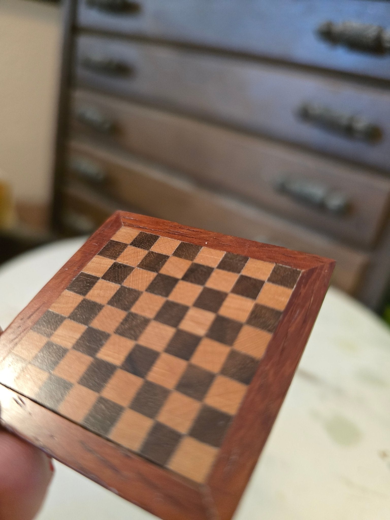 Vintage Dollhouse Inlaid Wood Chess/Checkers Table – Miniature Furniture 1:12 Scale – Pedestal Base - Bayshore Treasures