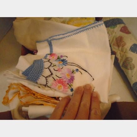 Vintage embroidered Linens and heart hanging wall art - Bayshore Treasures