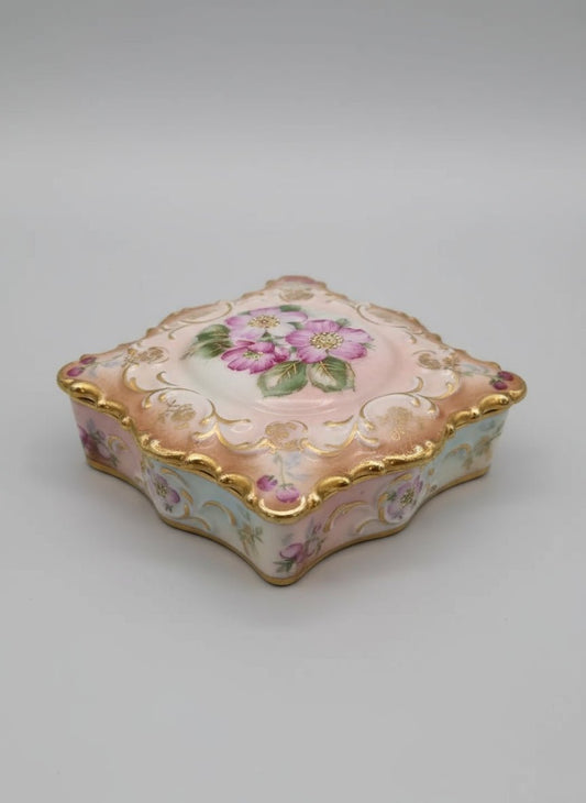 Vintage Hand Painted 1950's Trinket Box Lecoi China Gold trim - Bayshore Treasures