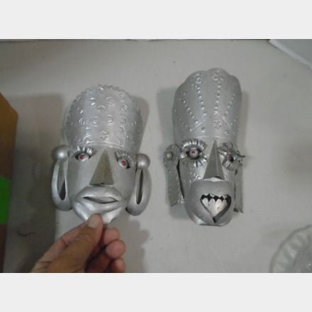 Vintage Metal Wall Masks Pair – Handcrafted Folk Art Faces – Silver Tone - Bayshore Treasures