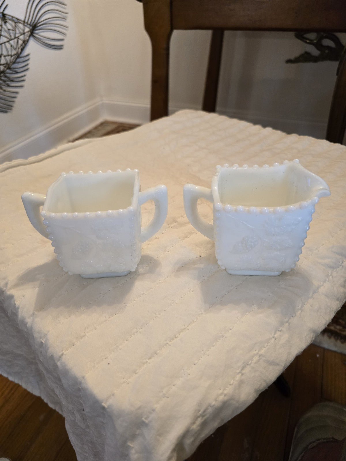 Vintage Westmoreland Milk Glass Sugar & Creamer Set Beaded Panels Grape Pattern - Bayshore Treasures