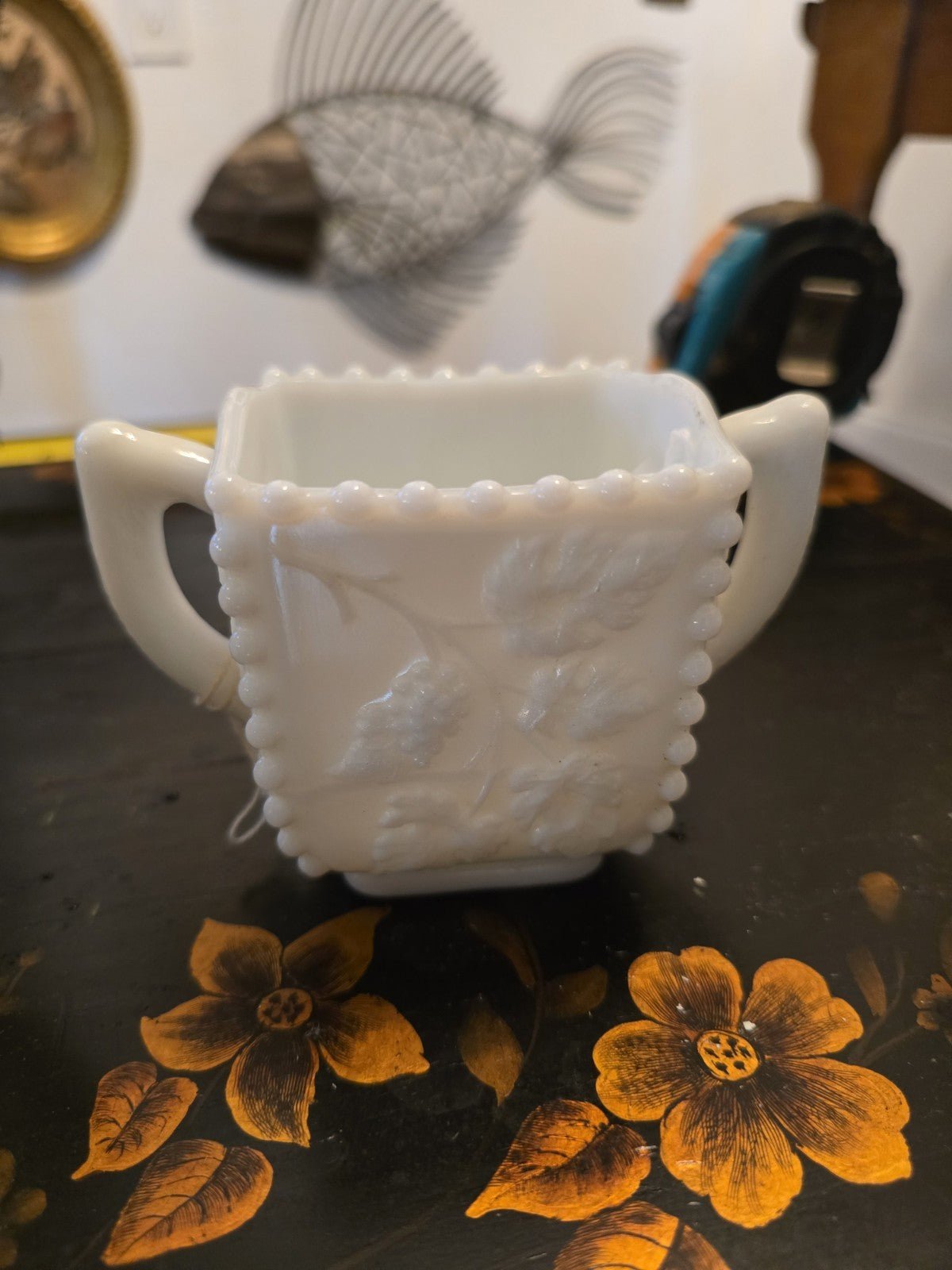 Vintage Westmoreland Milk Glass Sugar & Creamer Set Beaded Panels Grape Pattern - Bayshore Treasures