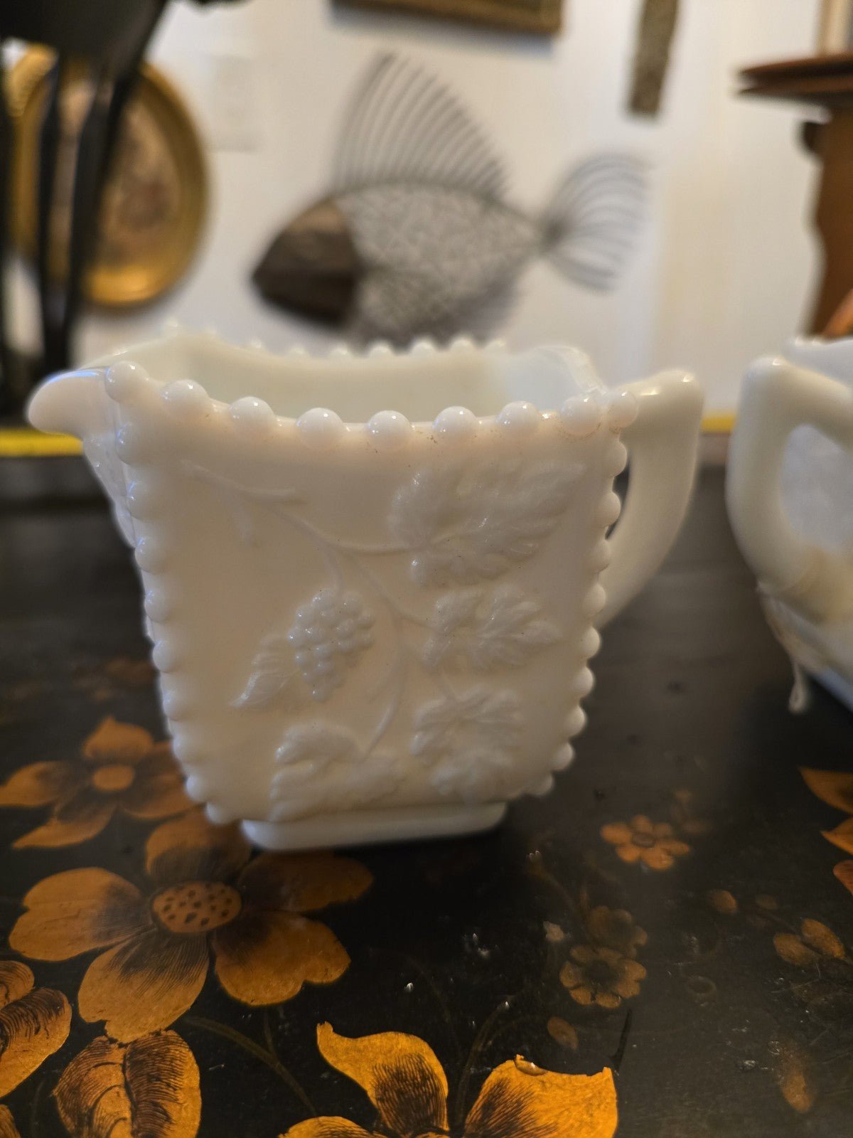 Vintage Westmoreland Milk Glass Sugar & Creamer Set Beaded Panels Grape Pattern - Bayshore Treasures