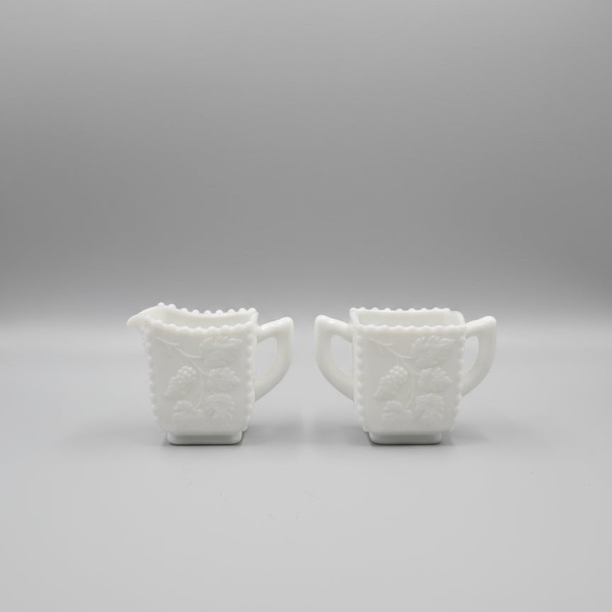 Vintage Westmoreland Milk Glass Sugar & Creamer Set Beaded Panels Grape Pattern - Bayshore Treasures
